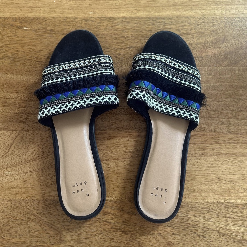 a new day Black Embroidered Slide Sandals with Blue and Green Accents